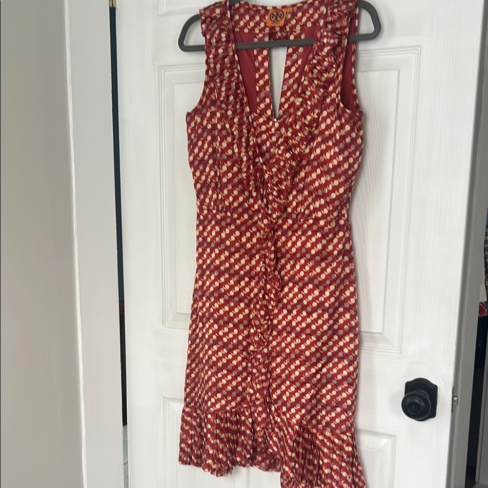 Tory Burch Red and White Ruffled Midi Dress